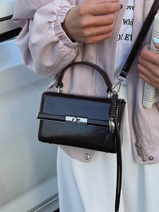 Dark brown structured leather handbag with silver metallic clasp and top handle strap