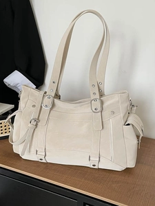 Retro PU Leather Large Capacity Shoulder Bag Trendy Women Tote Handbag For Commuting Daily Chic Motorcycle Style Bag
