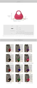 Size chart and specifications for velvet quilted mini chain bag with color options