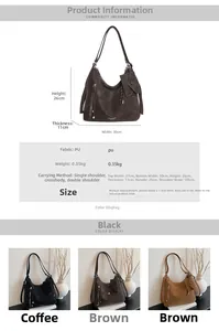 Size chart and specifications for the versatile PU leather tote bag in black, brown, and coffee