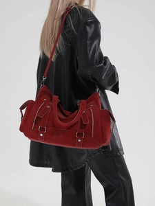 Chic red faux suede large hobo bag with punk-style metal zippers and silver rivets