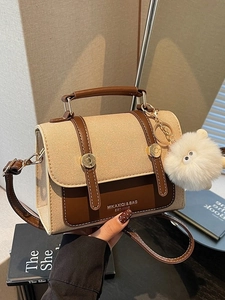 Women Retro PU Leather Canvas Patchwork Small Square Crossbody Bag Fashion Handheld Shoulder Bag With Plush Monster Pendant