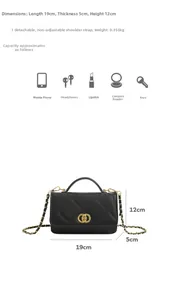 Detailed size specifications of black quilted crossbody bag showing 19x5x12cm dimensions