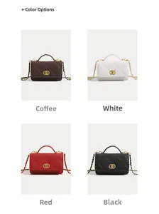 Detailed grid view of quilted crossbody bags in coffee, white, red, and black leather