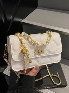 Sac à Épaule Femme Matelassé en Losange Sac Baguette en Cuir PU Avec Fermeture à Verrou et Boule d'Or Mode