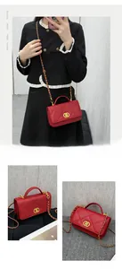 Detailed views of a red quilted mini handbag with gold chain strap and turn-lock closure