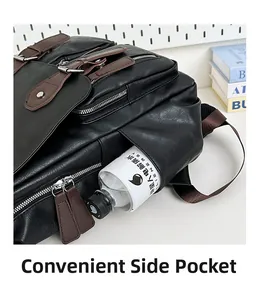 Detailansicht der praktischen Seitentasche an einem schwarzen Leder-Reiserucksack