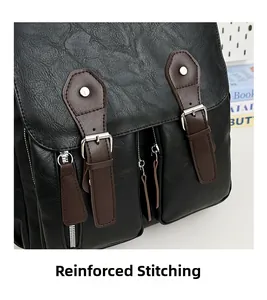 Nahaufnahme des schwarzen PU-Lederrucksacks mit Litschimuster und verstärkten Nähten