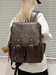 Vintage PU Leather Backpack For Women Large Capacity Retro College Style Travel Bag Waterproof School Daypack With Bear Pendant