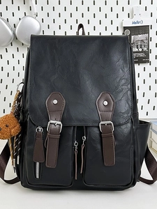 Vintage black PU leather backpack with brown buckle straps and cute bear pendant