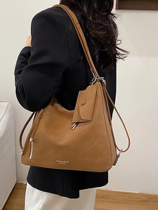 Brown faux leather large tote bag for women with matching coin purse and shoulder strap