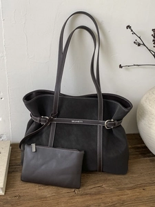 Brown faux suede tote bag set with sub-bag and adjustable shoulder strap