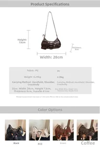 Detailed size chart and multi-color options for vintage PU leather baguette bag