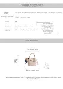 Size chart showing beige PU bucket bag dimensions and capacity with bear pendant detail