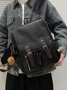 Retro black PU leather backpack with brown buckle straps and cute bear pendant charm