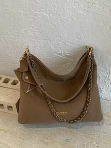 Brown frosted leather hobo tote bag with woven chain strap and minimalist design