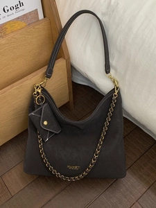 Large capacity vintage dark grey hobo tote bag with metal chain and small pouch