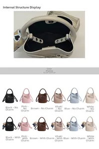 Detail view of various bucket bag colors with pins and interior zipper pocket structures