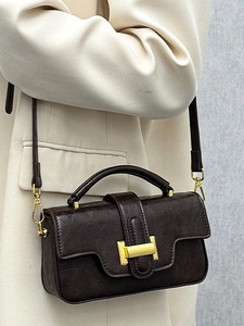 Retro chocolate brown crossbody handbag with textured oil leather and gold hardware