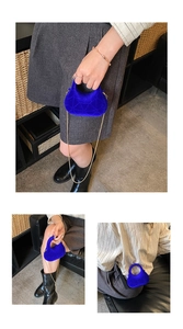 Three-way view of a bright blue quilted velvet mini bag with elegant gold chain strap