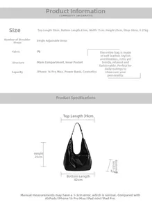 Guide des tailles pour grand sac cabas noir en PU avec dimensions et détails de la bandoulière