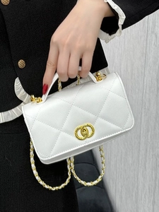 White quilted mini flap bag with gold chain strap and top handle in lychee texture