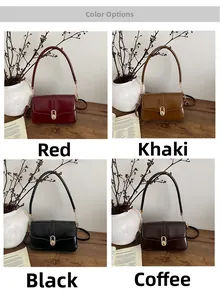Detailed grid view of minimalist faux leather shoulder bags in four vintage color options