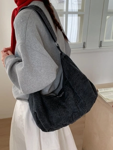 Large vintage washed denim hobo shoulder bag for women in dark grey versatile commute style