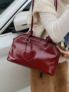 Women Fashion Retro Underarm Bag Glossy PU Leather Tote Bag With Heart Pendant Knot Shoulder Strap Daily Commute Handbag