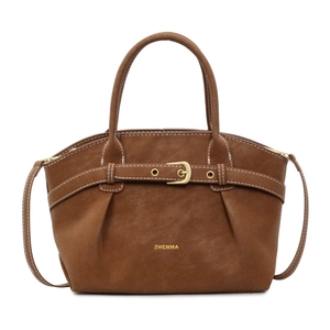 Brown suede Boston handbag with contrast stitching and adjustable shoulder strap