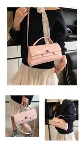 Pink glossy flap handbag with metal lock shown in handheld and crossbody style