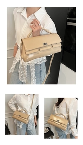 Detailed views of a beige rectangular flap handbag with silver twist lock and top handle