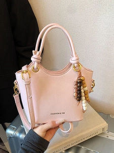 Fashion Women PU Leather Bucket Bag Minimalist Crossbody Shoulder Bag With Wooden Bead Charm Daily Commute Handbag