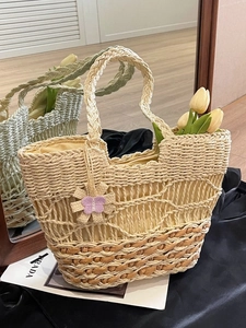 Sac Seau en Paille Tissé à la Main pour Femmes Couleur de Contraste Épissage Ajouré Grande Capacité Sac à Bandoulière de Plage Vacances