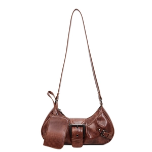 Vintage brown PU leather underarm bag with metal buckle and detachable small pouch