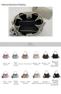 Detail view of bucket bag interior structure and multiple color options in litchi leather