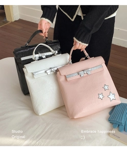 Detailed comparison of pleated texture backpacks with bow and star metallic accents