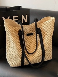 Women Large Capacity Straw Woven Tote Bag Hollow Out Mesh Summer Beach Shoulder Bag Casual Vacation Handbag For Daily