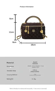 Detailed size chart for the gold velvet quilted handbag showing 18x11x8cm dimensions