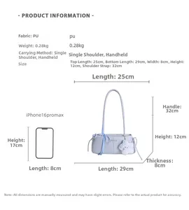 Size chart for blue PU shoulder bag with iPhone 16 Pro Max comparison guide