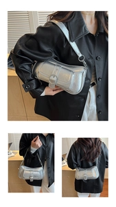 Detailed views of a metallic silver baguette bag showing shoulder and handbag carry styles
