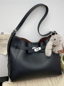 Large black lychee pattern leather bucket bag with silver lock and rabbit charm