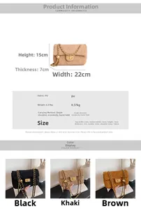 Tableau des tailles et vue multicouleur du sac à bandoulière matelassé en PU