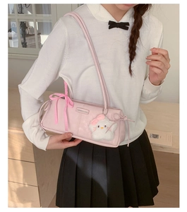 Pink PU leather Boston bag with a checkered bow and cute white cat plush charm