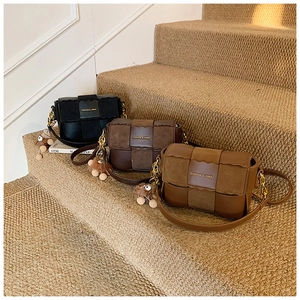 Three retro crossbody square bags in black, coffee, and khaki with cute bear charms