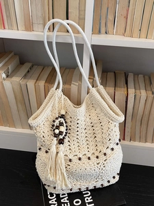 Sac Fourre tout Tissé au Crochet pour Femmes Sac à Épaule Tricoté à la Main Avec Perles en Bois Gland pour Plage Été Vacances