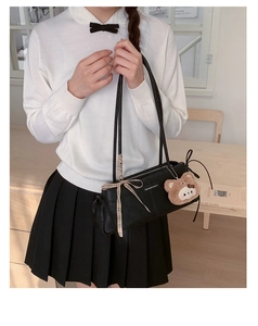 Chic black shoulder bag with checkered ribbon and cute plush bear charm for daily wear