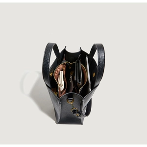 Top view of black lychee grain tote bag showing spacious triple-compartment interior