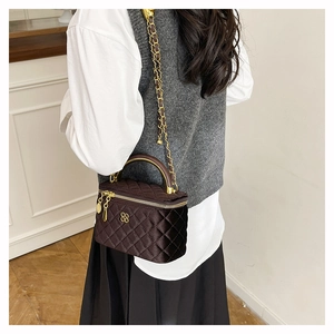 Rear view of brown quilted crossbody bag with gold chain strap on a model