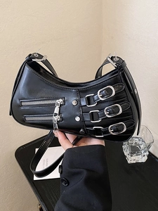Damen Retro Punk PU Leder Schultertasche Y2K Motorrad Achseltasche Mit Multi-Reißverschluss Und Metallschnalle Stilvolle Tasche
